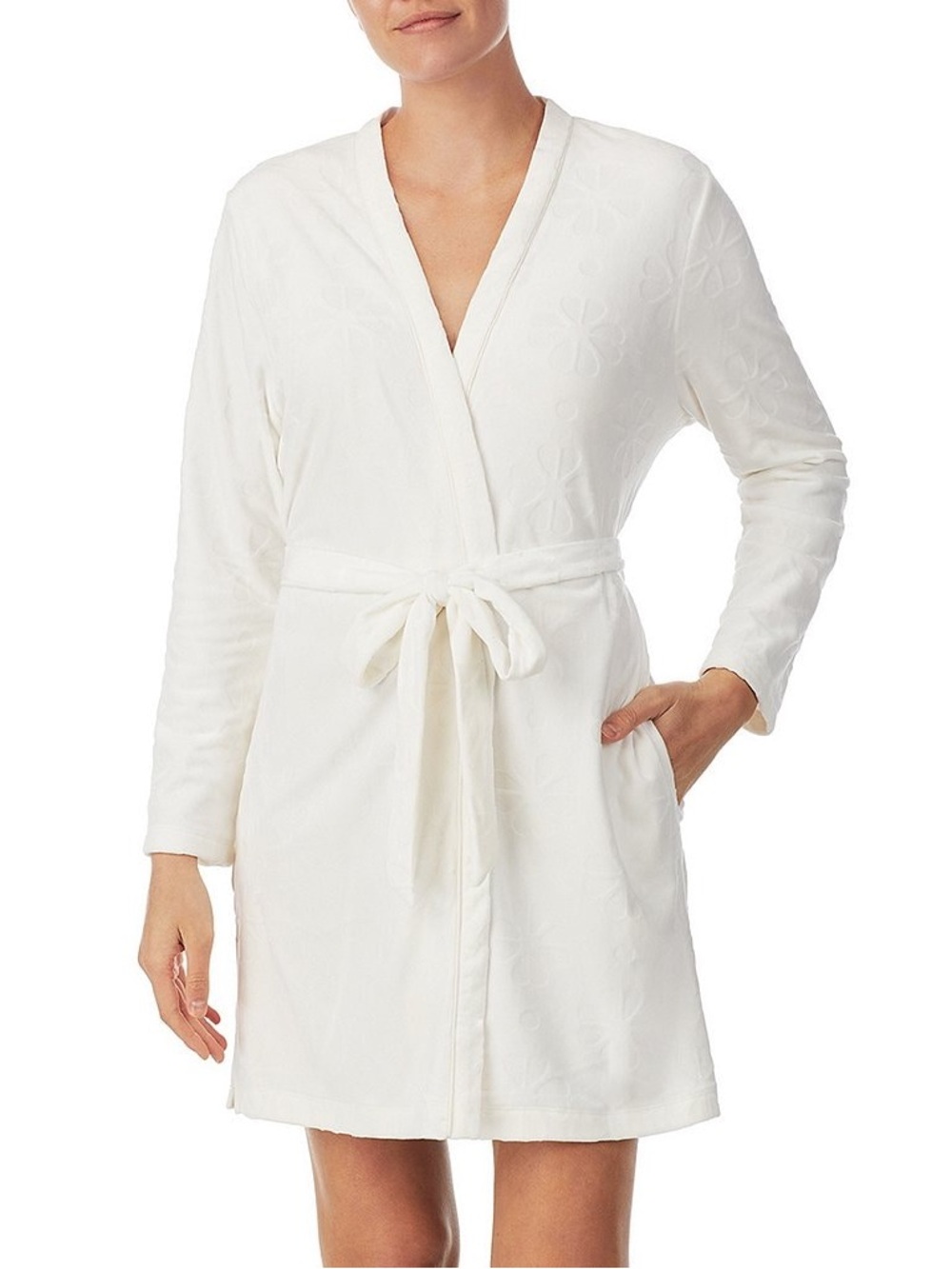 Kate Spade Embossed Floral Plush Long Sleeve Tie-Front Short Wrap Cozy Robe XS/S